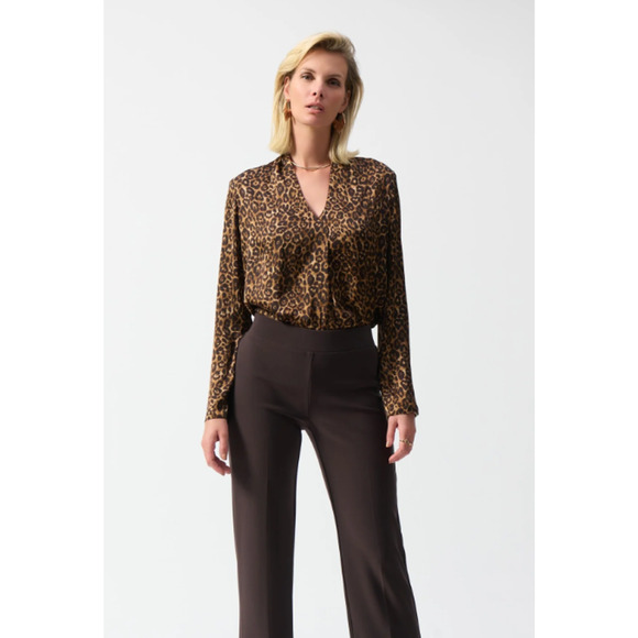 NWT Joseph Ribkoff Beige/Black Satin Animal Print Top Style 244253 Size 8 - Picture 2 of 10